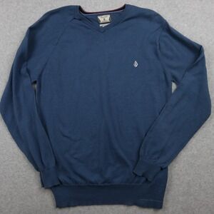 Volcom Sweater Mens Small Lightweight Pullover Knit V-Neck Logo Blue Long Sleeve